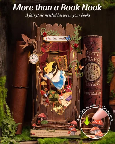 Vista 4 de ROBOTIME Kit de Rincón de Libros, Kit de Casa en Miniatura de Princesa de Cuento de Hadas para Bricolaje, Sujetalibros de Rompecabezas de Madera 3D