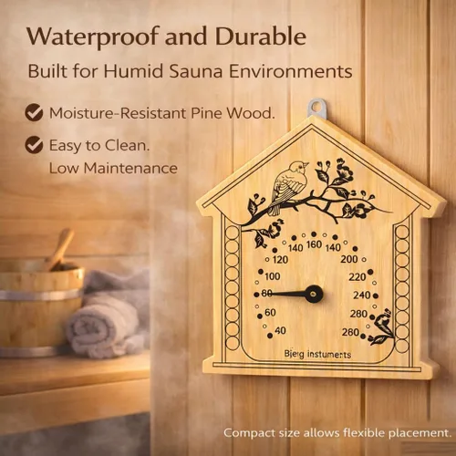 Vista 5 de Bjerg Instruments Termómetro de sauna, medidor de temperatura analógico de madera de pino, esfera de 3 pulgadas resistente a la humedad, lee hasta
