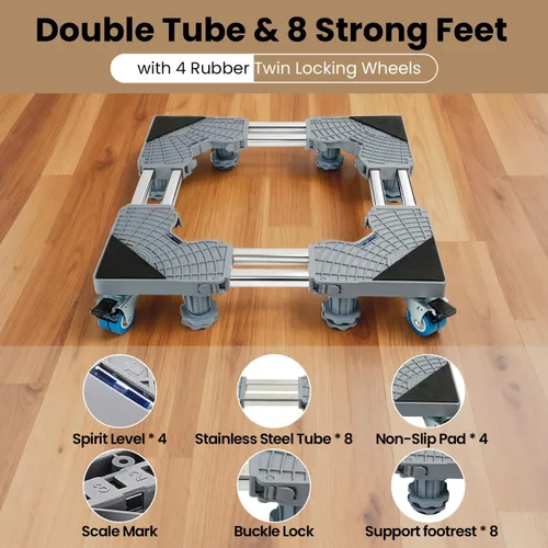 Vista 3 de Base Móvil con 4 Ruedas con Bloqueo y 8 Pies Fuertes 71-90 cm, Carrito de Muebles de Alta Resistencia para Lavadora, Mini Refrigerador y Secadora