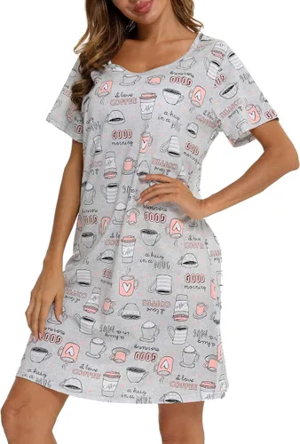 Vista 2 de ENJOYNIGHT Womens Nightgowns Cotton Sleepwear Plus Size Sleep Shirt Short Sleeve Nightshirt Print Sleepshirt