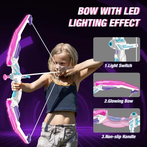 Vista 3 de HYES Arco y flecha para niños, juego de tiro con arco con luz LED con 12 flechas de ventosa, 1 objetivo para colgar, 3 objetivos de puntuación y 1