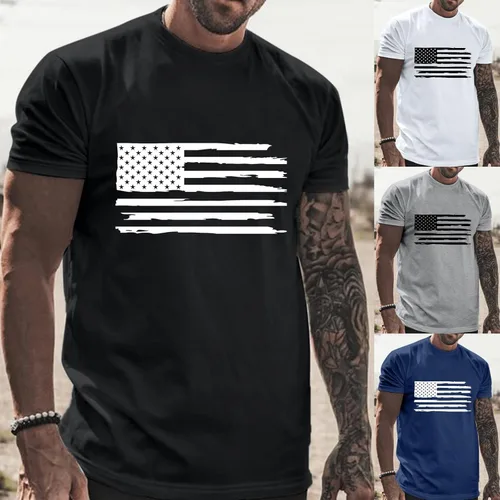 Vista 3 de Masbird Camisas para hombre, casual, 4 de julio, manga corta, cuello redondo, bandera estadounidense, casual, día de la independencia, gimnasio