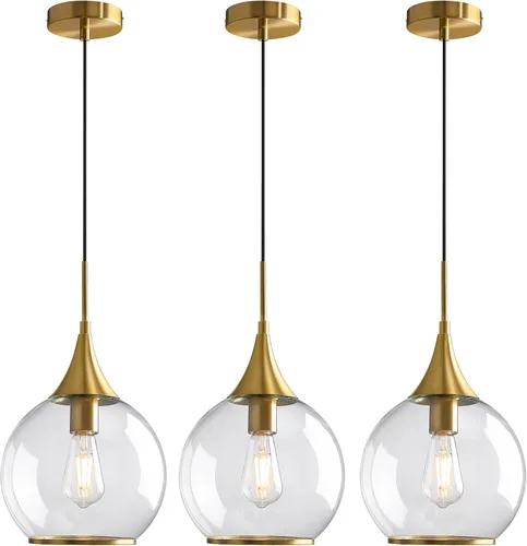 Vista 20 de Luces Colgantes para Isla de Cocina: Lámpara de Estilo Granja Dorada Cepillada con Vidrio Transparente - Globo de Mediados de Siglo de 10 Pulgadas