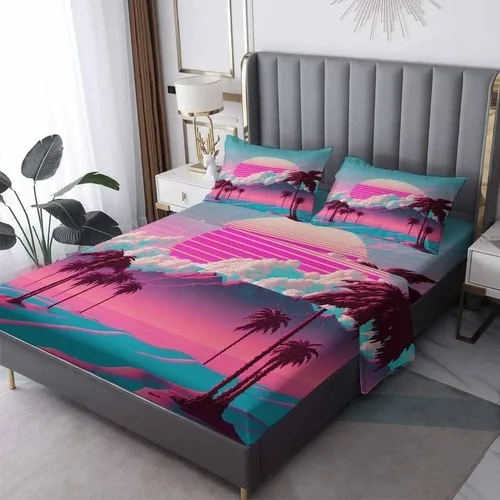 Vista 9 de Vaporwave Sheets - Juego de sábanas de tamaño individual, sábanas de cama de montaña neón y puesta de sol, microfibra suave con bolsillo profundo