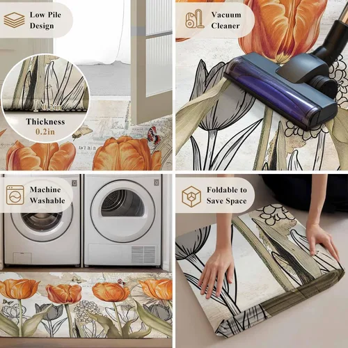 Vista 6 de 2x3 Area Rugs, Orange Flower Non Slip Area Rugs for Living Room, Bedroom, Barhroom, Entryway, Watercolor Retro Tulip Floral Butterfly Soft Kitchen