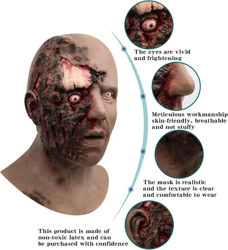 Vista 5 de Máscara de zombi aterradora de látex espeluznante para Halloween, disfraz de terror sangriento para adultos, accesorios de decoración de Halloween