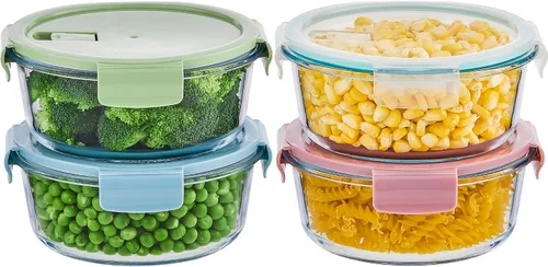 Vista 6 de 8 piezas de recipientes redondos de vidrio con tapas herméticas, juego de recipientes de almacenamiento de vidrio de 4 tazas, recipientes