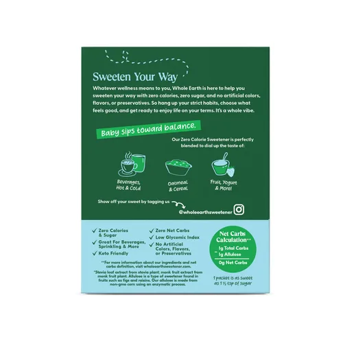 Vista 3 de Whole Earth Stevia & Monk Fruit con paquetes edulcorantes de alulosa, 40 unidades, cero calorías, apto para dieta cetogénica