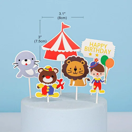 Vista 5 de Juego de 15 adornos para tartas de circo, decoración de cupcakes con temática de carnaval de circo, payaso, elefante, figuras de león, decoración