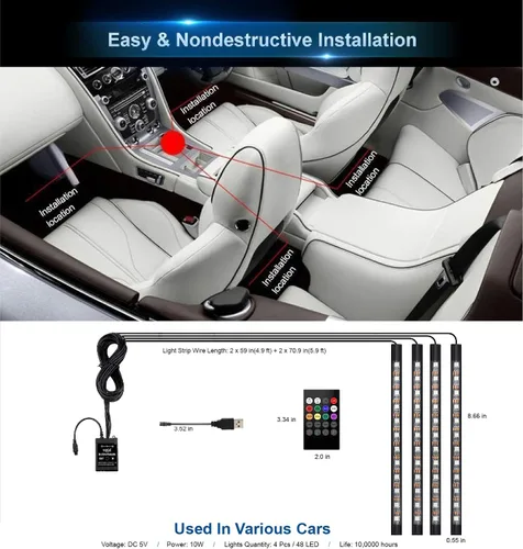 Vista 3 de Luces LED para interiores de automóvil, luces LED controladoras para automóviles, kits de iluminación subterránea de música multicolor con control