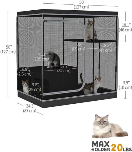 Vista 4 de DINMO Jaula grande para gatos, recinto para gatos interiores con caja de arena, corralito para gatos adultos, gatitos y animales pequeños, perrera