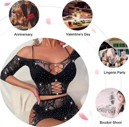 Vista 6 de QCWQMYL Conjunto de lencería para mujer, diseño de malla de encaje travieso, body de 2 piezas