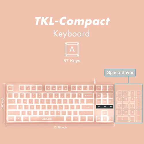 Vista 2 de CHONCHOW - Teclado y mouse para juegos rosa con retroiluminación blanca, teclado CHONCHOW USB con cable de 87 teclas para juegos mini y mouse