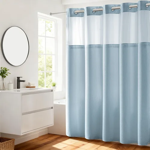 Vista 59 de Cortina de baño River Dream de gran peso sin ganchos necesarios con diseño de gofre punteado y forro a presión - 36W x 74H, de calidad hotelera