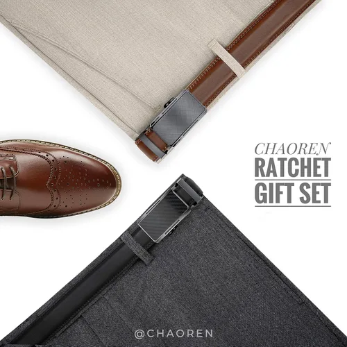 Vista 2 de CHAOREN Cinturón de vestir de cuero para hombre, paquete de 2 unidades, cinturón de trinquete para hombre para camisa de vestir y pantalones