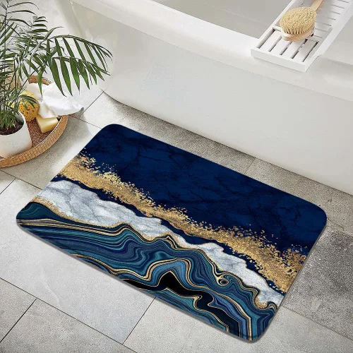 Vista 2 de Tapete de baño de mármol azul marino, dorado, gris, abstracto, arte moderno, textura de tinta, piedra, moda, alfombra de baño, alfombra de puerta