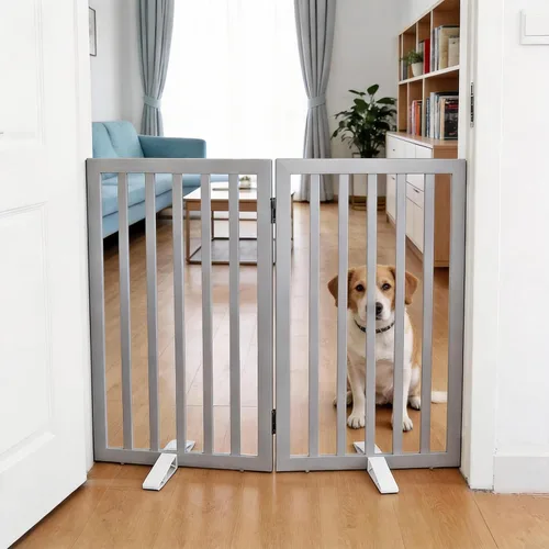 Vista 30 de Puerta para perros para interiores, valla independiente para perros, para la casa, puertas, pasillos o escaleras, puerta para mascotas plegable