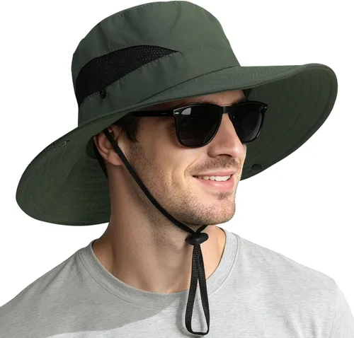 Vista 12 de NPQQUAN Sun Hats for Men Women Wide Brim UPF 50+ UV Protection Bucket Hat Gris oscuro (con malla)