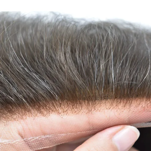 Vista 30 de Toupee para hombres, sistema de reemplazo de cabello humano Remy, nudos blanqueados, encaje frontal, piel fina, para hombre, color gris, pelucas