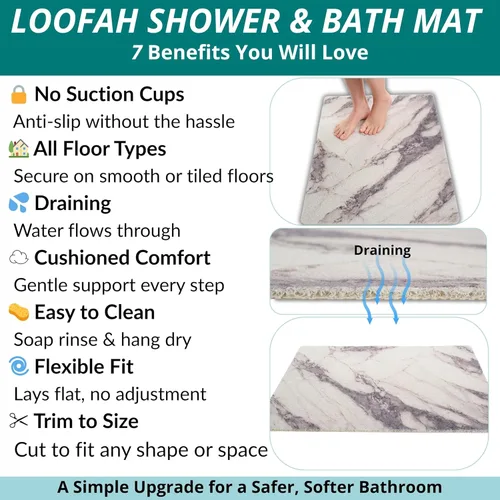 Vista 4 de Enkosi Loofah - Tapete de ducha antideslizante, suelos de ducha, bañera, baños, áreas húmedas, tapete de baño acolchado con agujeros de drenaje, PVC