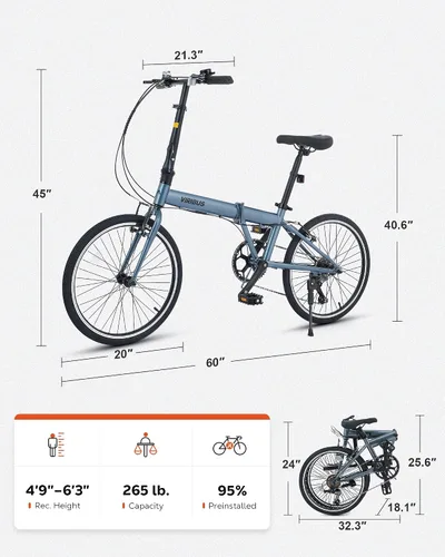 Vista 8 de VIRIBUS Bicicleta plegable para adultos, bicicleta plegable de 20 pulgadas de 7 velocidades, bicicleta compacta ligera, bicicletas plegables
