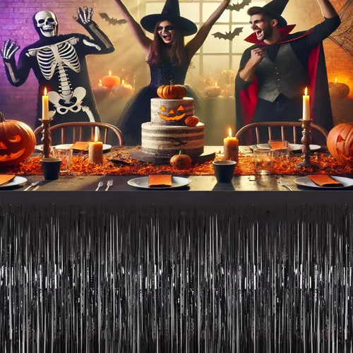 Vista 6 de allgala Faldones de mesa de oropel negro, paquete de 2 faldas de mesa de 29 x 108 pulgadas con flecos metálicos para fiestas, eventos, desfiles
