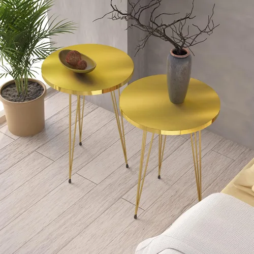 Vista 10 de Juego de 2 mesas auxiliares redondas de madera para sofá para espacios pequeños, mesita de noche con patas de metal para dormitorio, sala de estar