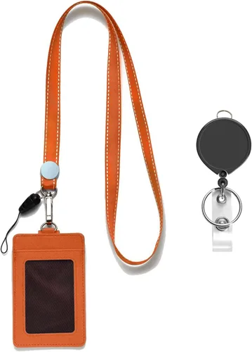 Vista 5 de AMUU Cordón de nylon negro para el cuello con soporte vertical de cuero PU para tarjetas de identificación y carrete retráctil, cordón, para llaves