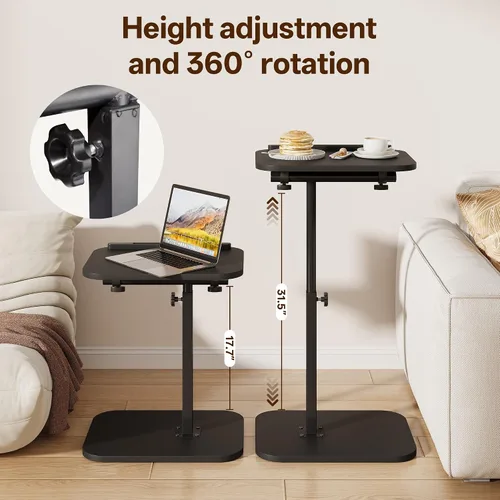 Vista 4 de Mesa de bandeja de TV, bandeja para reposabrazos lateral de sofá, altura ajustable, abatible, mesa auxiliar de aperitivos con giro de 360° e Negro