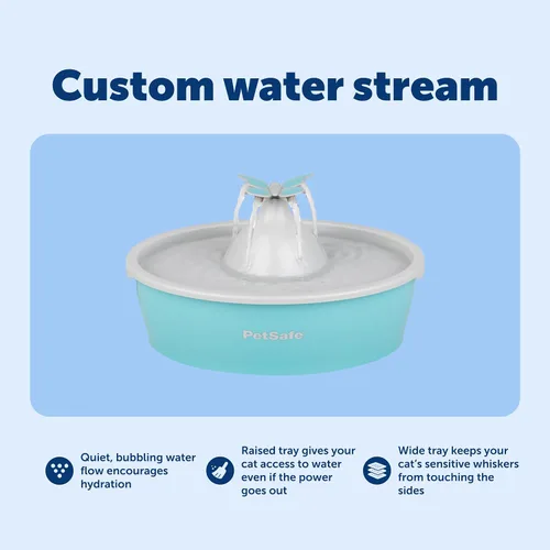 Vista 4 de PetSafe Fuente de agua Butterfly Cat con bomba y filtros, bonito dispensador de agua con capacidad de 50 onzas, bomba y filtros mantienen el agua