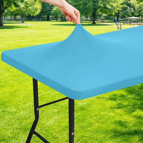 Vista 45 de Moosfor Mantel rectangular de elastano de 4 pies, manteles elásticos ajustables para pícnic, funda elástica y lavable para mesa de patio para Azul
