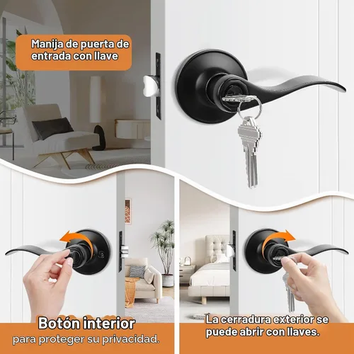 Vista 3 de Probrico Manijas de puerta de entrada de color negro mate con diferentes llaves, manijas de puerta de estilo ondulado para puertas interiores