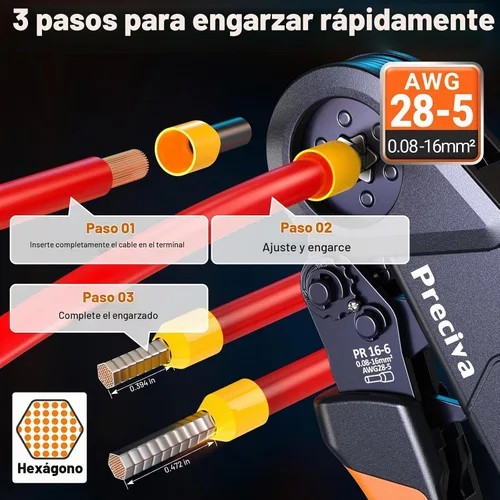 Vista 2 de Preciva Kit de herramientas de prensado de virola con pelacables, crimpadora hexagonal AWG 28-5 (0.08-16mm²) Terminales de virola de trinquete