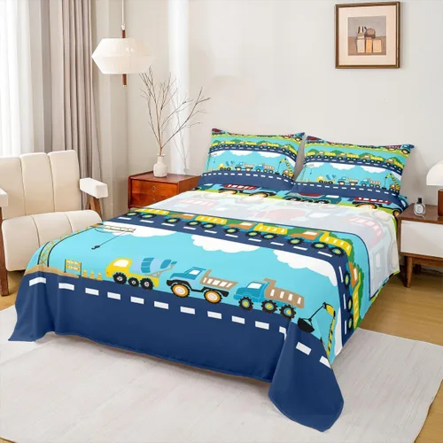 Vista 23 de Erosebridal Juego de sábanas de automóvil de dibujos animados para niños, juego de ropa de cama de camiones, tamaño individual, sábana bajera