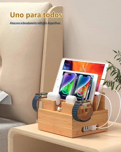 Vista 5 de Pezin & Hulin Soporte de carga de bambú para teléfono con 2 soportes para Bastidor de muelle+Cables