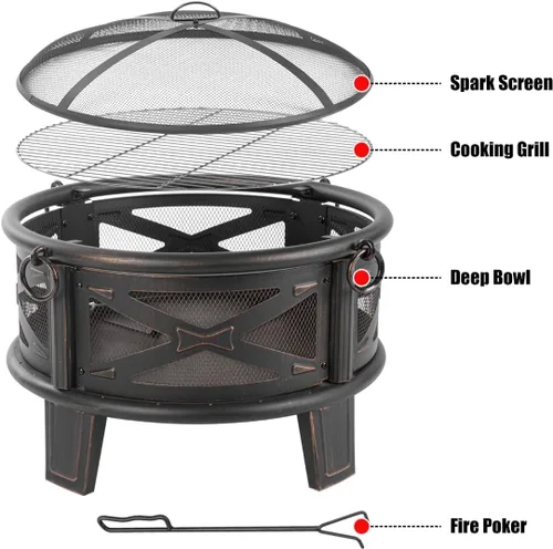 Vista 3 de Breezz Fogata de leña de 26 pulgadas con parrilla de cocina y pantalla de chispas, hoguera redonda de metal para exteriores, patio, fiesta