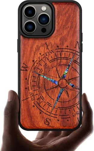 Vista 10 de Carveit Funda magnética de madera de diseñador para iPhone 14 Pro Max, grabado en madera e incrustaciones de concha, funda de madera única