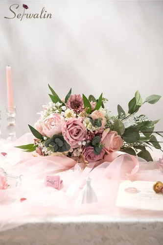 Vista 4 de Serwalin Ramos de boda de 9.8 pulgadas para novia y dama de honor, peonías rosa empolvado, ramos de flores de novia para boda, ramo de lanzamiento