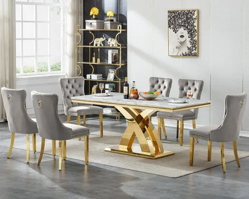 Vista 8 de Juego de mesa de comedor de 5 piezas para 4, mesa de cocina de mármol negro de 68 pulgadas con 4 sillas beige, mesa de comedor rectangular moderna