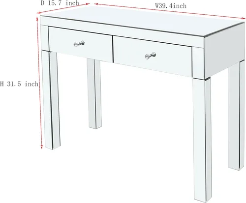 Vista 2 de Moderna mesa de consola plateada con espejo con 2 cajones de almacenamiento, escritorio rectangular de tocador, mesa de tocador de maquillaje