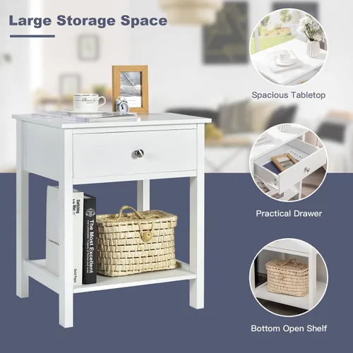 Vista 7 de COSTWAY 2PCS Mesita de noche con cajón Estante de almacenamiento de madera Mesita de noche Sofá Mesa auxiliar Blanco