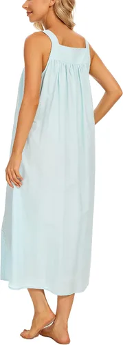 Vista 4 de YOZLY Camisones de algodón para mujer, sin mangas, bordados, con bolsillos, S-XXL