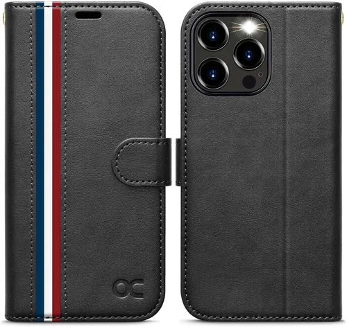 Vista 8 de OCASE Funda compatible con iPhone 15 Pro Max, funda tipo cartera de piel sintética con tarjeteros, bloqueo RFID, soporte a prueba de golpes, funda