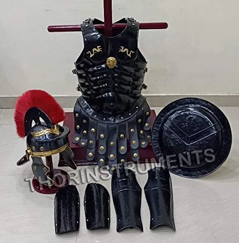Vista 2 de THORINSTRUMENTS (con dispositivo) Conjunto de armadura corporal muscular medieval con casco de centurión romano, protector de piernas y brazos