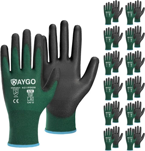 Vista 97 de KAYGO KG11PB - Guantes de trabajo de seguridad con revestimiento de poliuretano, 12 pares de guantes de punto sin costuras para hombres y mujeres