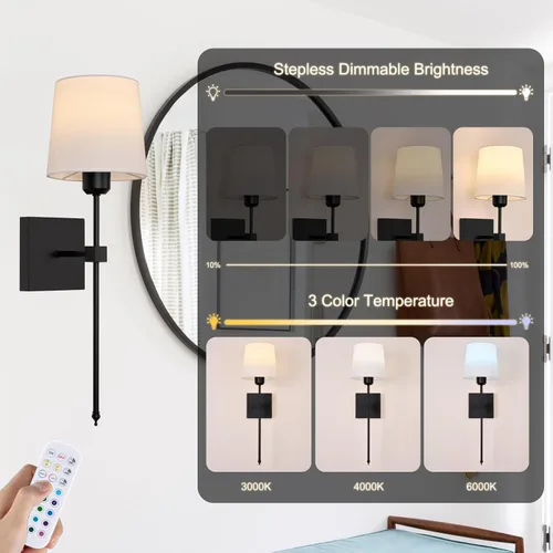 Vista 6 de Juego de 2 apliques de pared a pilas, luces de pared recargables inalámbricas negras con bombillas RGB recargables regulables, lámpara de pared