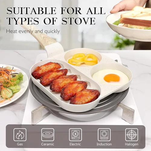 Vista 4 de GiPP Sartén de cerámica antiadherente para huevos, sartén dividida 3 en 1 para tortilla de desayuno, 7.9 pulgadas con mango resistente al calor