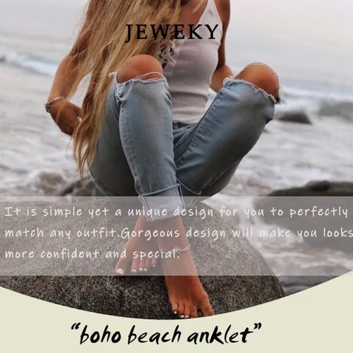Vista 6 de JEWEKY Tobilleras bohemias de cristal en capas, pulseras de tobillo con diamantes de imitación plateados, cadena de playa, joyería para mujeres