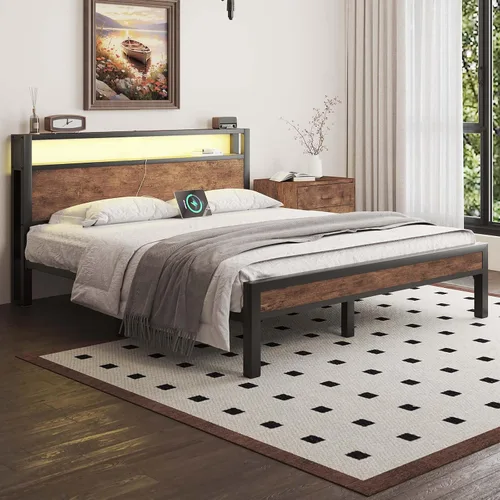 Vista 14 de LOEWAY Base de cama tamaño Queen con cabecero de almacenamiento y luces LED, color gris