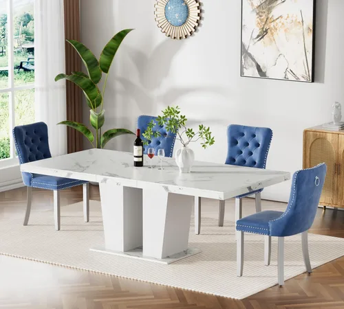 Vista 15 de Juego de mesa de comedor extensible de 63 a 79 pulgadas para 4, moderna mesa de cocina expandible con 4 sillas de terciopelo, mesa de madera gruesa